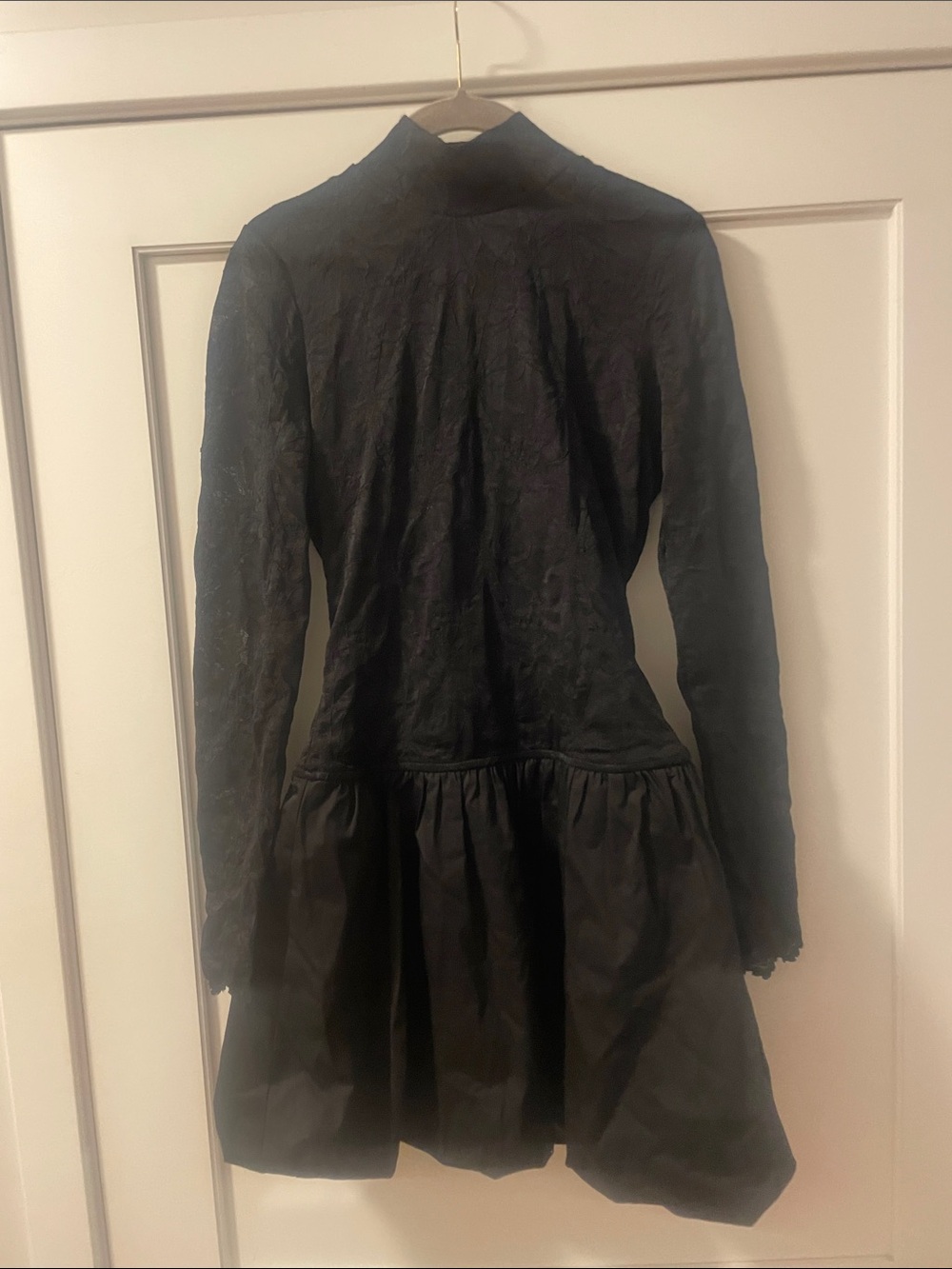 Black Long-Sleeve Textured Bubble Skirt Dress High Neck